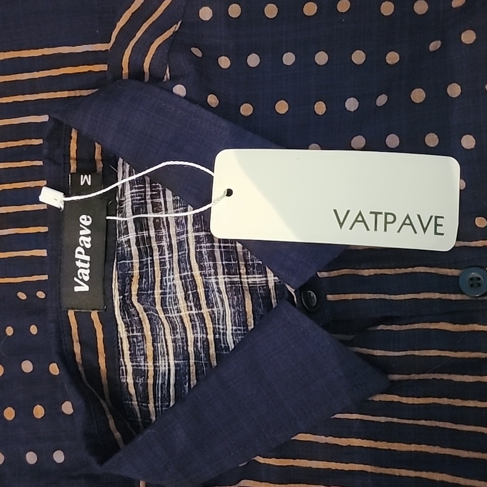 Vatpave Shirt Button Down Short Sleeve  Mens Polka dot and Stripe Navy Size M - Picture 10 of 11